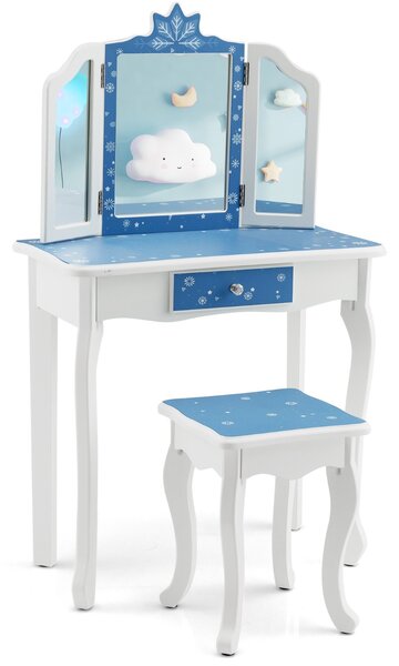 Costway Toletta da trucco per bambine con sgabello specchio triplo cassetto, Postazione trucco a tema fiocco di neve Blu