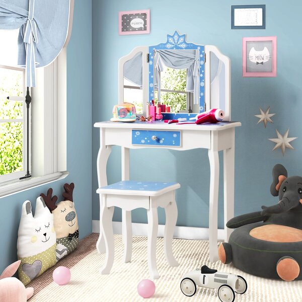 Costway Toletta da trucco per bambine con sgabello specchio triplo cassetto, Postazione trucco a tema fiocco di neve Blu