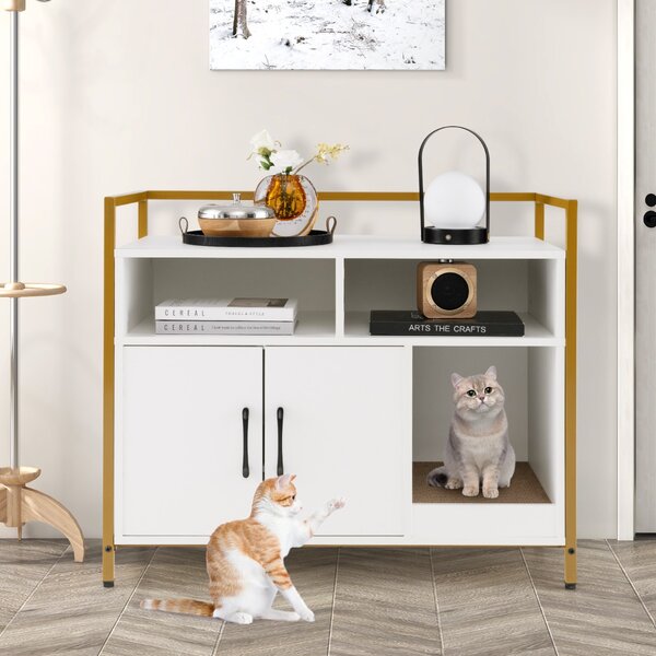 Costway Toilette nascosta per gatti con doppie porte e cartone per graffi, Contenitore per lettiera per gatti Bianco