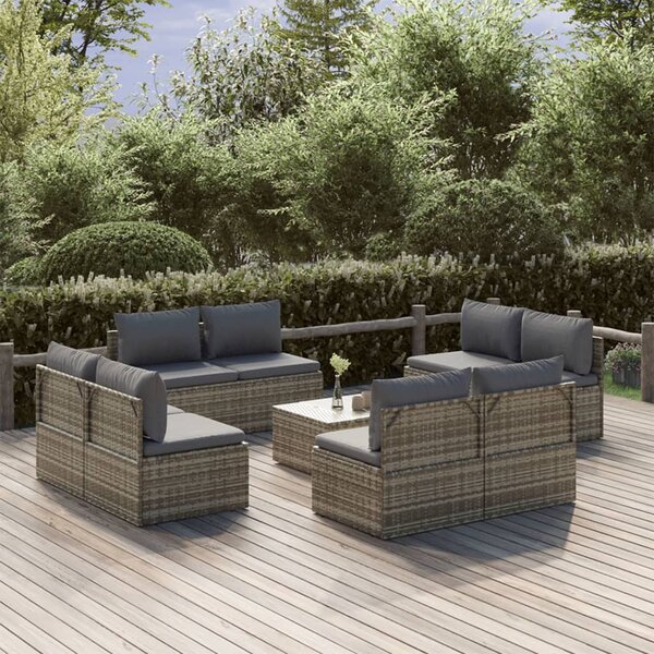 Set Divani da Giardino 9 pz con Cuscini in Polyrattan Grigio