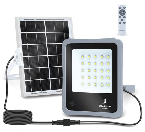 Faro Led 30W Grigio con pannello solare IP65 Bianco freddo 6500K Dimmerabile con telecomando e con sensore crepuscolare Aigostar