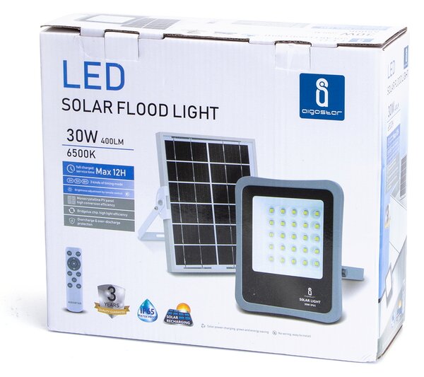 Faro Led 30W Grigio con pannello solare IP65 Bianco freddo 6500K Dimmerabile con telecomando e con sensore crepuscolare Aigostar
