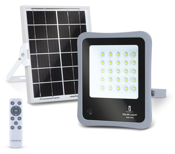 Faro Led 30W Grigio con pannello solare IP65 Bianco freddo 6500K Dimmerabile con telecomando e con sensore crepuscolare Aigostar
