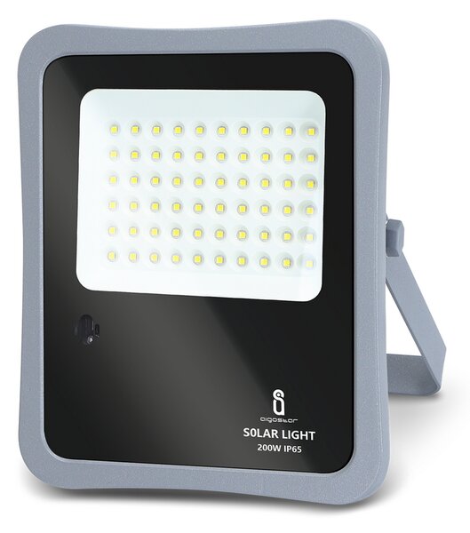 Faro Led 200W Grigio con pannello solare IP65 Bianco freddo 6500K Dimmerabile con telecomando e con sensore crepuscolare Aigostar