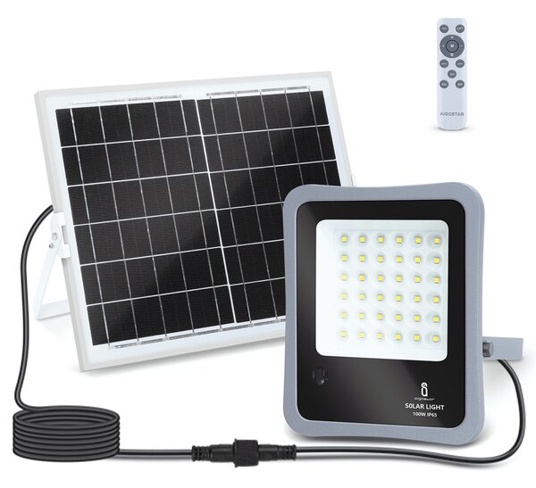 Faro Led 100W Grigio con pannello solare IP65 Bianco freddo 6500K Dimmerabile con telecomando e con sensore crepuscolare Aigostar