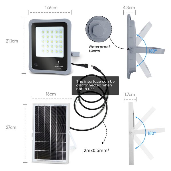 Faro Led 50W Grigio con pannello solare IP65 Bianco freddo 6500K Dimmerabile con telecomando e con sensore crepuscolare Aigostar