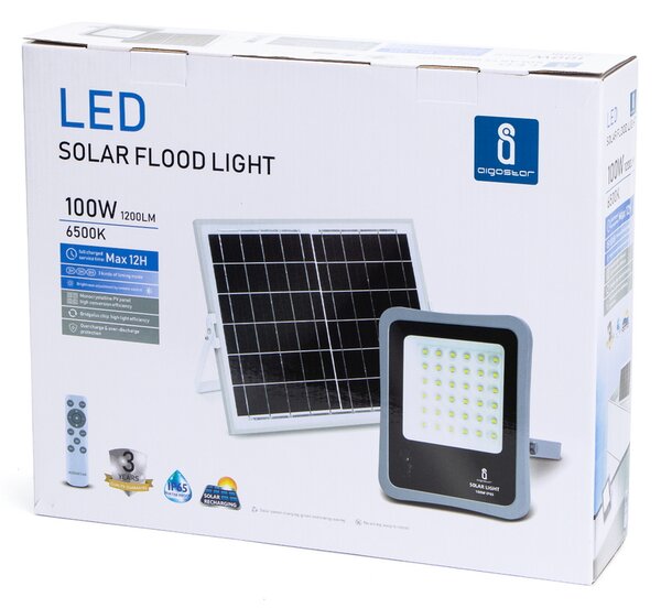 Faro Led 100W Grigio con pannello solare IP65 Bianco freddo 6500K Dimmerabile con telecomando e con sensore crepuscolare Aigostar