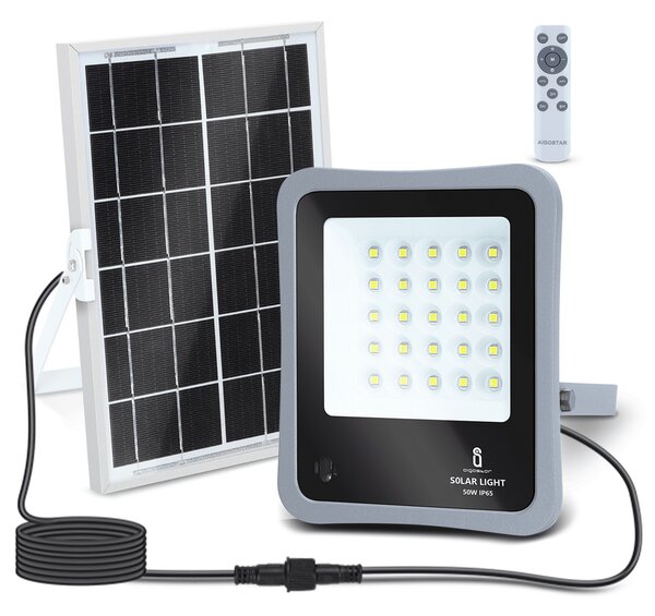 Faro Led 50W Grigio con pannello solare IP65 Bianco freddo 6500K Dimmerabile con telecomando e con sensore crepuscolare Aigostar