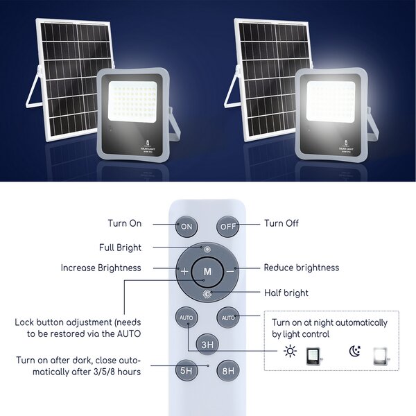 Faro Led 300W Grigio con pannello solare IP65 Bianco freddo 6500K Dimmerabile con telecomando e con sensore crepuscolare Aigostar
