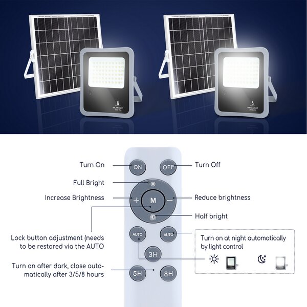 Faro Led 200W Grigio con pannello solare IP65 Bianco freddo 6500K Dimmerabile con telecomando e con sensore crepuscolare Aigostar