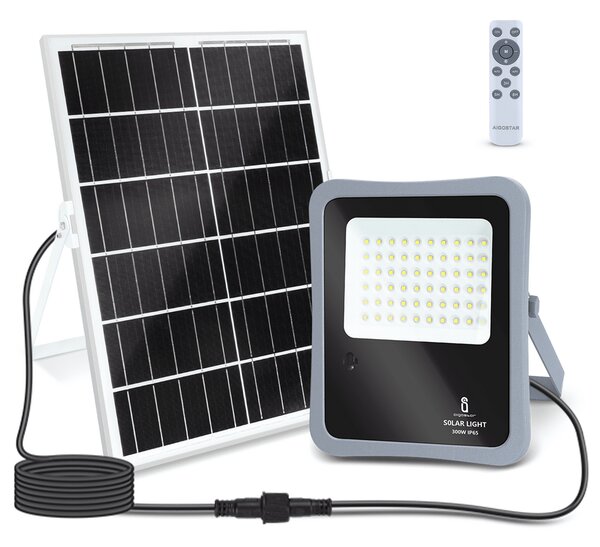 Faro Led 300W Grigio con pannello solare IP65 Bianco freddo 6500K Dimmerabile con telecomando e con sensore crepuscolare Aigostar