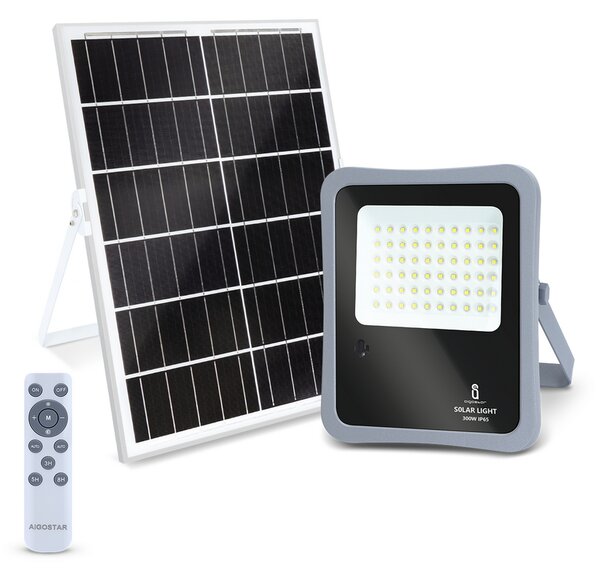 Faro Led 300W Grigio con pannello solare IP65 Bianco freddo 6500K Dimmerabile con telecomando e con sensore crepuscolare Aigostar