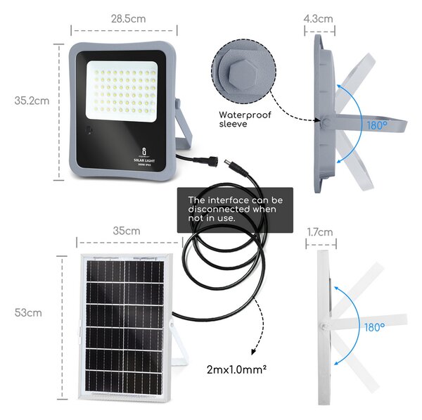 Faro Led 300W Grigio con pannello solare IP65 Bianco freddo 6500K Dimmerabile con telecomando e con sensore crepuscolare Aigostar