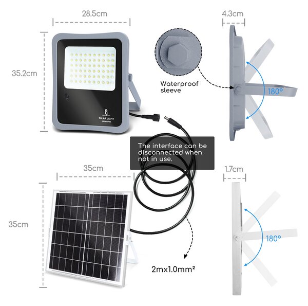 Faro Led 200W Grigio con pannello solare IP65 Bianco freddo 6500K Dimmerabile con telecomando e con sensore crepuscolare Aigostar