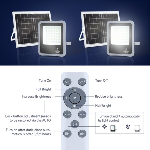 Faro Led 100W Grigio con pannello solare IP65 Bianco freddo 6500K Dimmerabile con telecomando e con sensore crepuscolare Aigostar