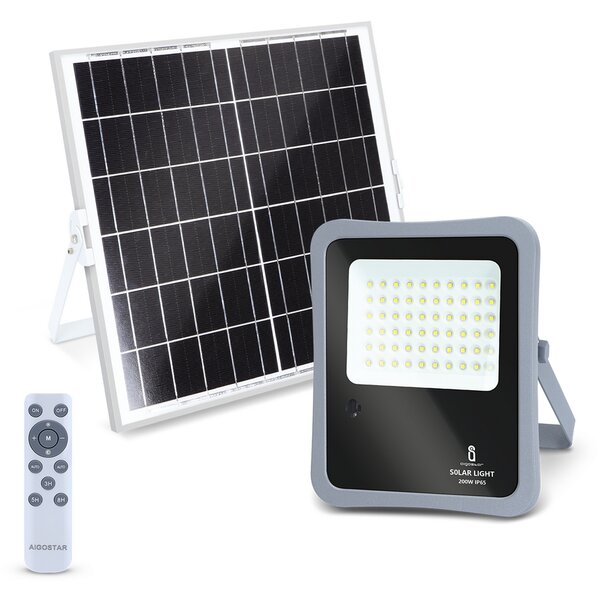 Faro Led 200W Grigio con pannello solare IP65 Bianco freddo 6500K Dimmerabile con telecomando e con sensore crepuscolare Aigostar