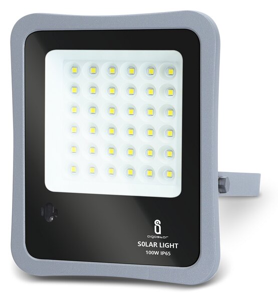 Faro Led 100W Grigio con pannello solare IP65 Bianco freddo 6500K Dimmerabile con telecomando e con sensore crepuscolare Aigostar