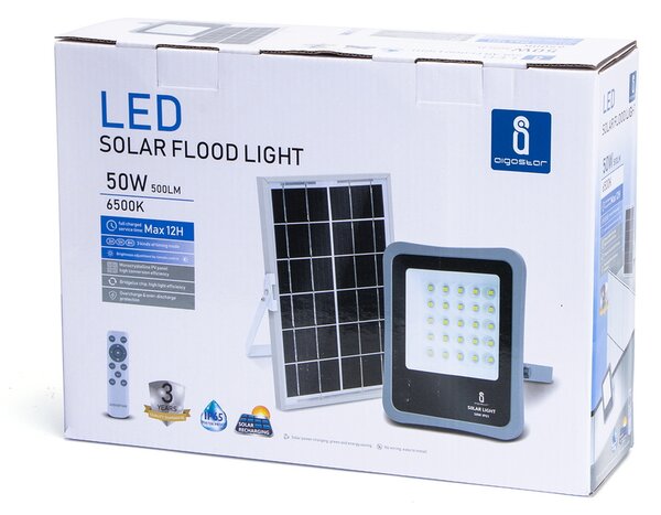 Faro Led 50W Grigio con pannello solare IP65 Bianco freddo 6500K Dimmerabile con telecomando e con sensore crepuscolare Aigostar