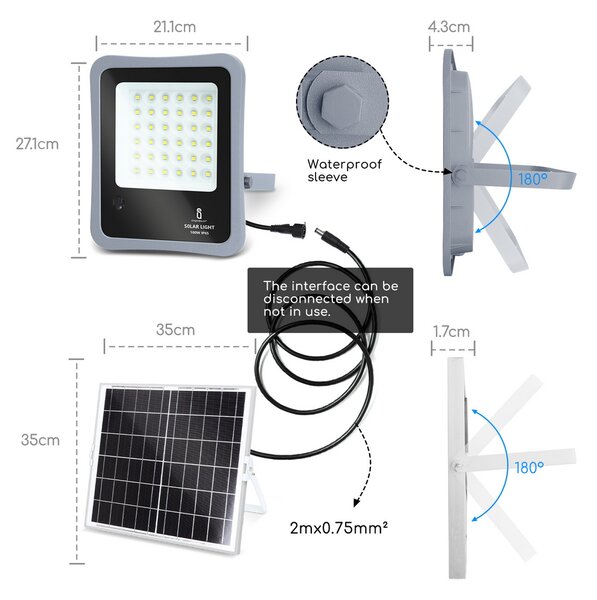 Faro Led 100W Grigio con pannello solare IP65 Bianco freddo 6500K Dimmerabile con telecomando e con sensore crepuscolare Aigostar