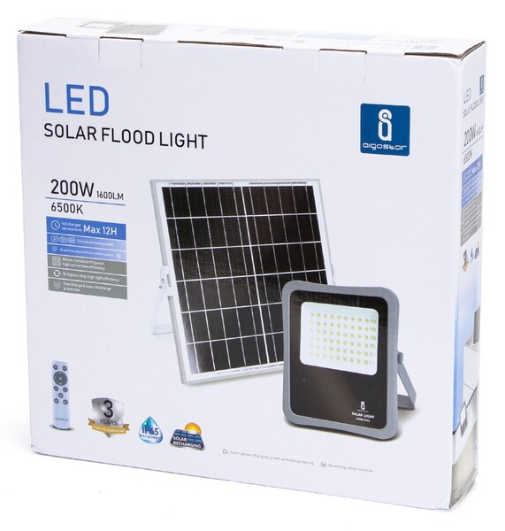 Faro Led 200W Grigio con pannello solare IP65 Bianco freddo 6500K Dimmerabile con telecomando e con sensore crepuscolare Aigostar