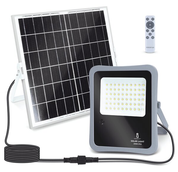 Faro Led 200W Grigio con pannello solare IP65 Bianco freddo 6500K Dimmerabile con telecomando e con sensore crepuscolare Aigostar