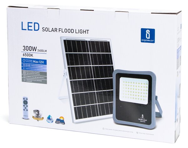 Faro Led 300W Grigio con pannello solare IP65 Bianco freddo 6500K Dimmerabile con telecomando e con sensore crepuscolare Aigostar