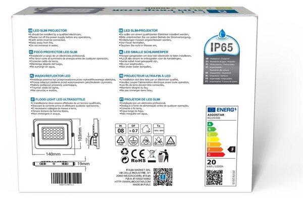 Faro proiettore Led 20W Grigio da esterno IP65 Bianco neutro 4000K Aigostar
