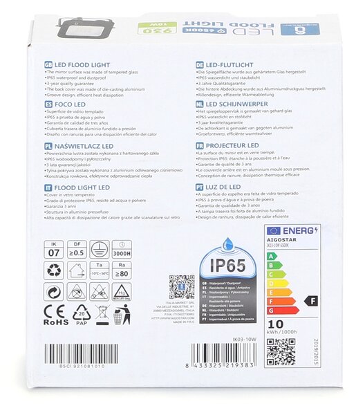 Faro proiettore Led 10W Nero da esterno IP65 Bianco freddo 6500K Aigostar