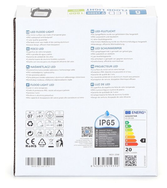 Faro proiettore Led 20W Nero da esterno IP65 Bianco freddo 6500K Aigostar