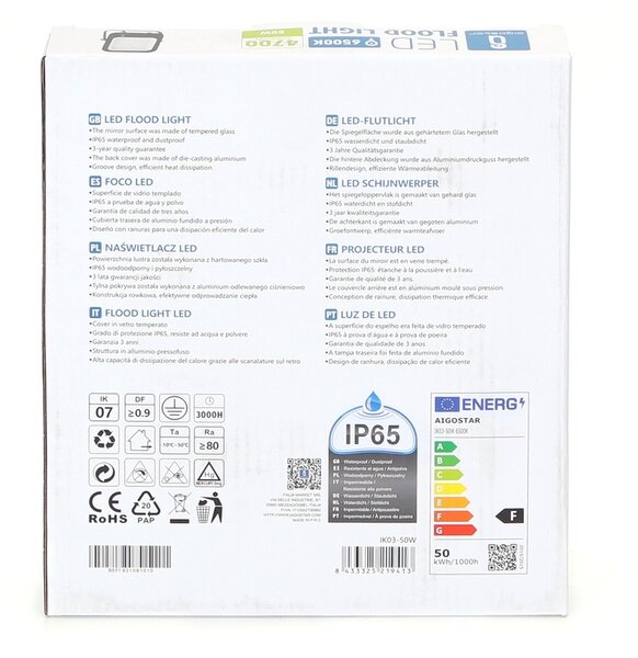 Faro proiettore Led 50W Nero da esterno IP65 Bianco freddo 6500K Aigostar