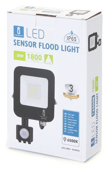 Faro proiettore Led 20W Nero da esterno IP65 Bianco freddo 6500K con sensore crepuscolare e di movimento Aigostar
