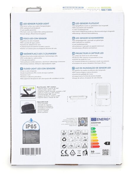 Faro proiettore Led 50W Nero da esterno IP65 Bianco freddo 6500K con sensore crepuscolare e di movimento Aigostar