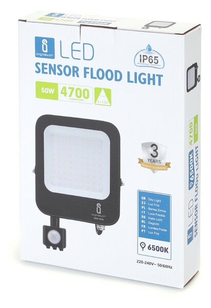 Faro proiettore Led 50W Nero da esterno IP65 Bianco freddo 6500K con sensore crepuscolare e di movimento Aigostar