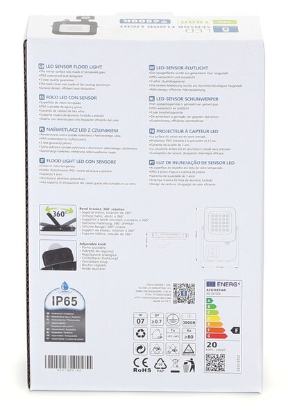Faro proiettore Led 20W Nero da esterno IP65 Bianco freddo 6500K con sensore crepuscolare e di movimento Aigostar