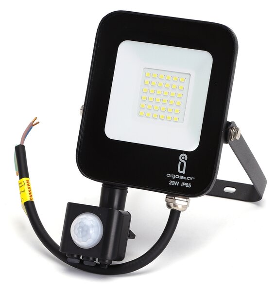 Faro proiettore Led 20W Nero da esterno IP65 Bianco freddo 6500K con sensore crepuscolare e di movimento Aigostar