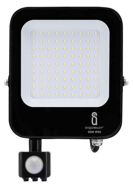 Faro proiettore Led 50W Nero da esterno IP65 Bianco freddo 6500K con sensore crepuscolare e di movimento Aigostar