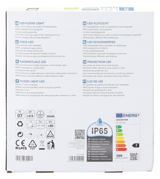 Faro proiettore Led 200W Nero da esterno IP65 Bianco freddo 6500K Aigostar