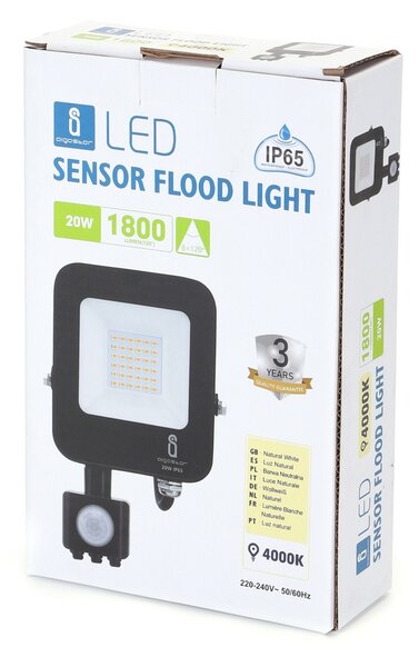 Faro proiettore Led 20W Nero da esterno IP65 Bianco neutro 4000K con sensore crepuscolare e di movimento Aigostar