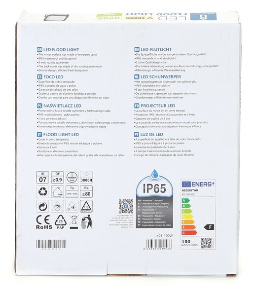Faro proiettore Led 100W Nero da esterno IP65 Bianco neutro 4000K Aigostar