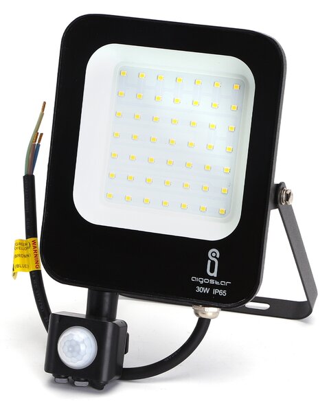 Faro proiettore Led 30W Nero da esterno IP65 Bianco neutro 4000K con sensore crepuscolare e di movimento Aigostar