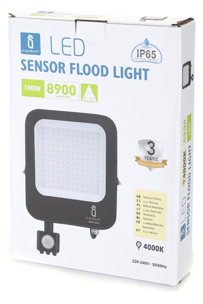 Faro proiettore Led 100W Nero da esterno IP65 Bianco neutro 4000K con sensore crepuscolare e di movimento Aigostar