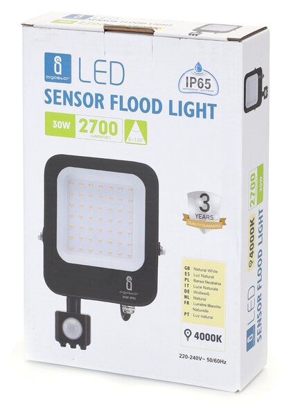 Faro proiettore Led 30W Nero da esterno IP65 Bianco neutro 4000K con sensore crepuscolare e di movimento Aigostar