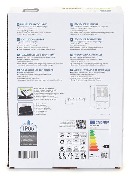 Faro proiettore Led 50W Nero da esterno IP65 Bianco neutro 4000K con sensore crepuscolare e di movimento Aigostar