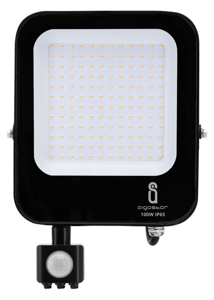 Faro proiettore Led 100W Nero da esterno IP65 Bianco neutro 4000K con sensore crepuscolare e di movimento Aigostar