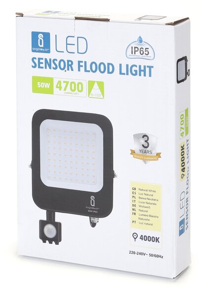 Faro proiettore Led 50W Nero da esterno IP65 Bianco neutro 4000K con sensore crepuscolare e di movimento Aigostar