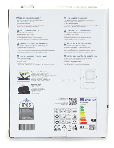 Faro proiettore Led 100W Nero da esterno IP65 Bianco neutro 4000K con sensore crepuscolare e di movimento Aigostar