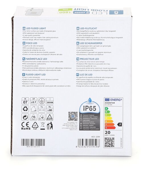 Faro proiettore Led 20W Bianco da esterno IP65 Bianco freddo 6500K Aigostar