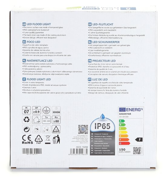 Faro proiettore Led 150W Bianco da esterno IP65 Bianco freddo 6500K Aigostar