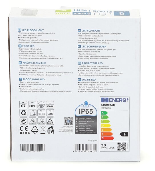 Faro proiettore Led 30W Bianco da esterno IP65 Bianco freddo 6500K Aigostar