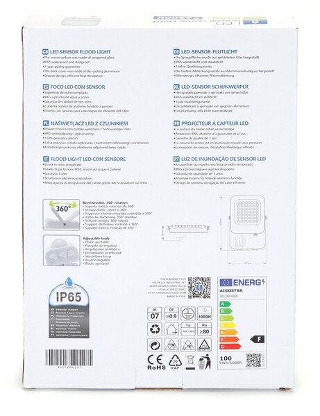 Faro proiettore Led 100W Bianco da esterno IP65 Bianco freddo 6500K con sensore crepuscolare e di movimento Aigostar